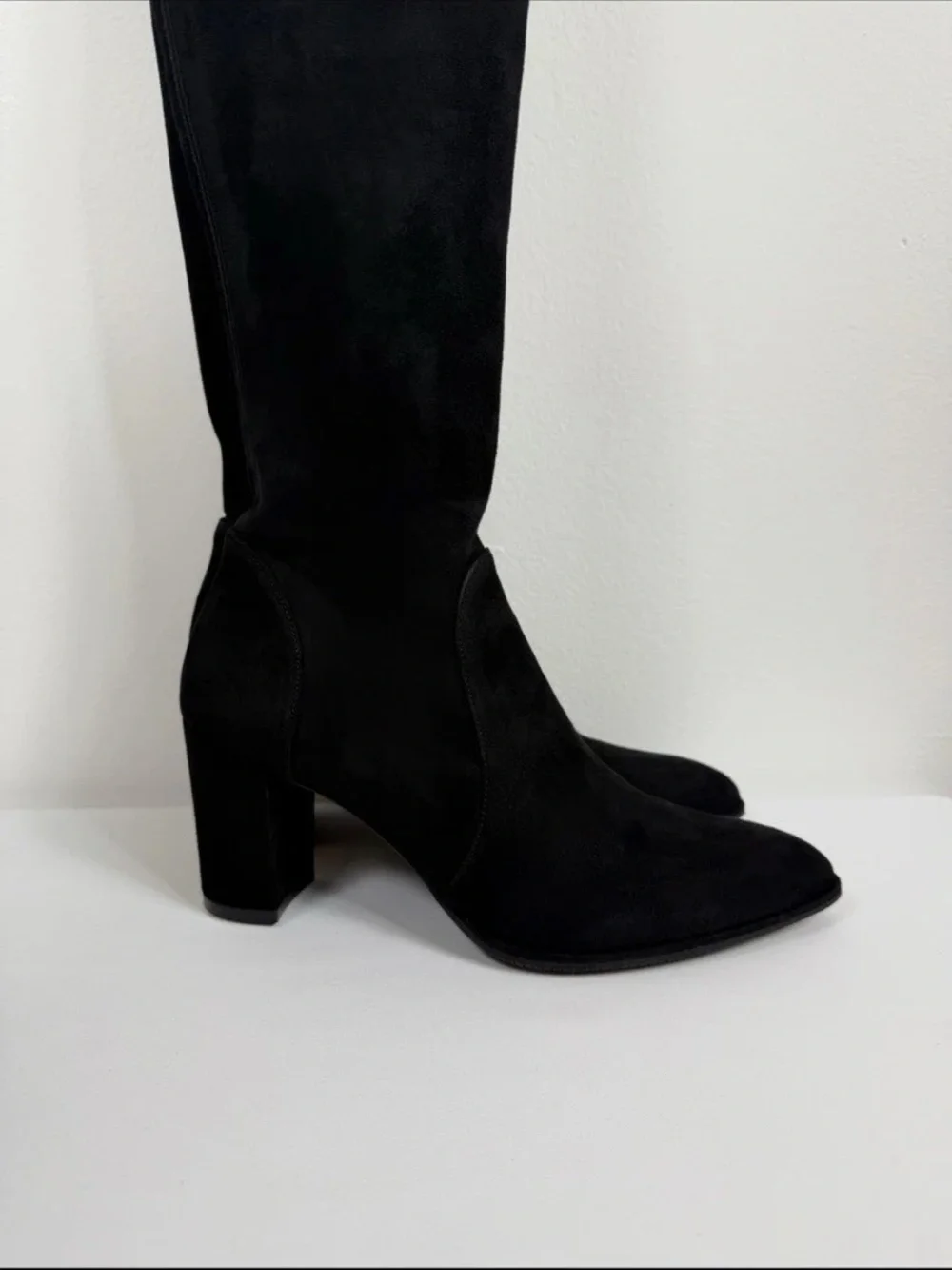 US 8.5 Sz 39 Spain Stuart Weitzman Boots Over Knee Suede Heel Almond Toe Black